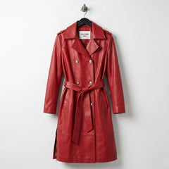 Front view of women’s double breasted red leather trench coat by Leather Unit