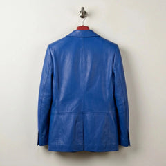 Back view of women’s royal blue leather blazer jacket