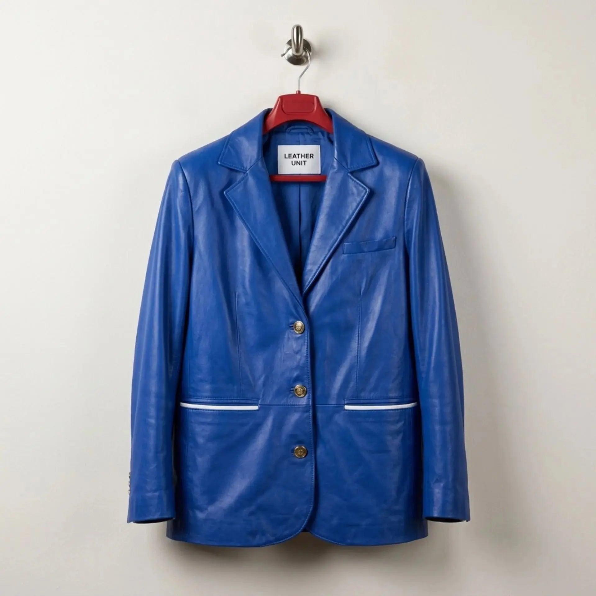 Front view of Royal Azure women’s blue leather blazer by Leather Unit
