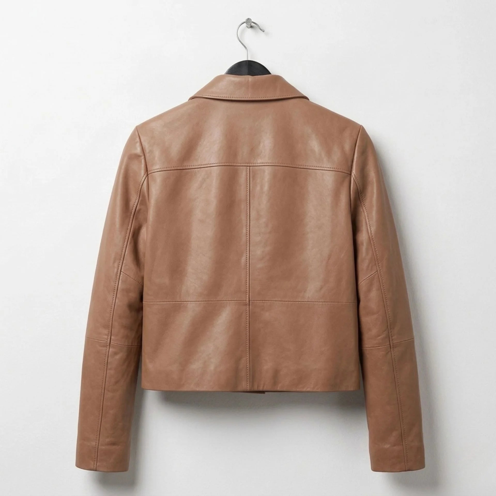 Women's tan cropped leather shirt jacket back view with clean panelled design