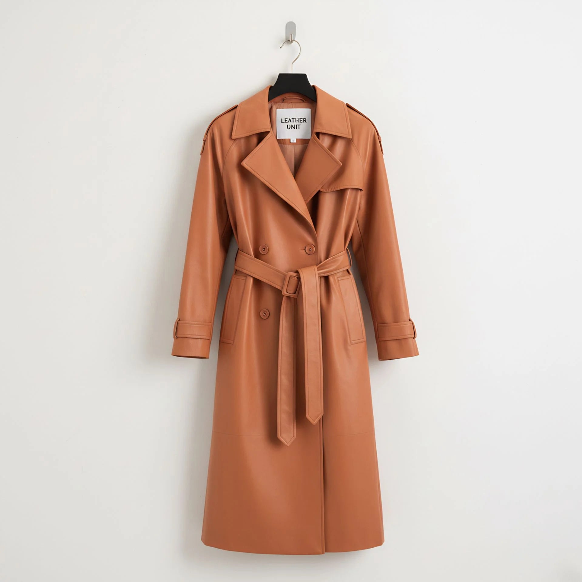 Front view of women’s tan double breasted leather trench coat by Leather Unit