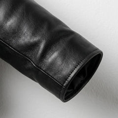 Sleeve and cuff detail of women’s black lambskin leather jacket