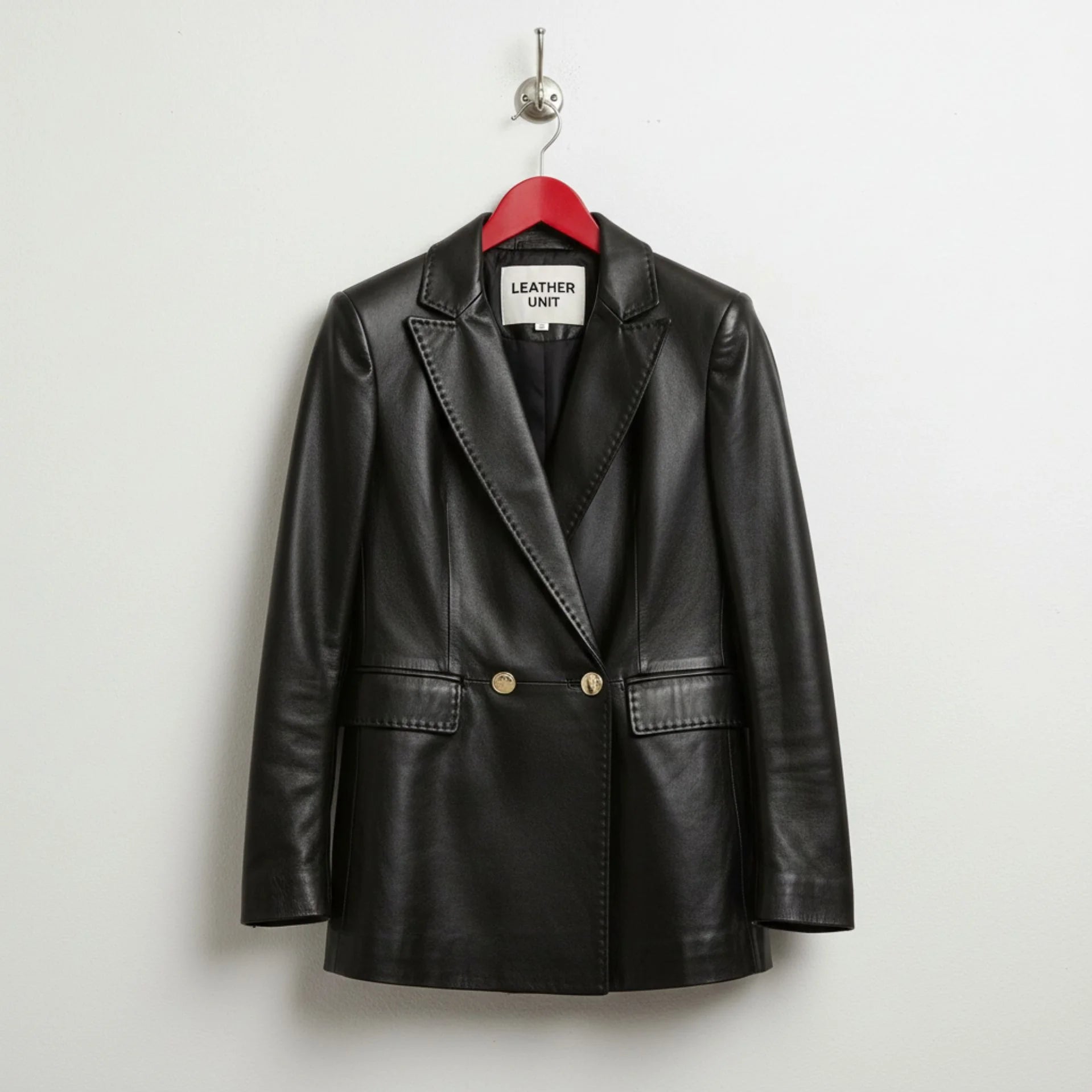 Front view of women’s tailored black leather blazer by Leather Unit