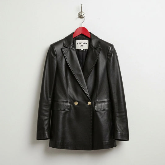 Front view of women’s tailored black leather blazer by Leather Unit