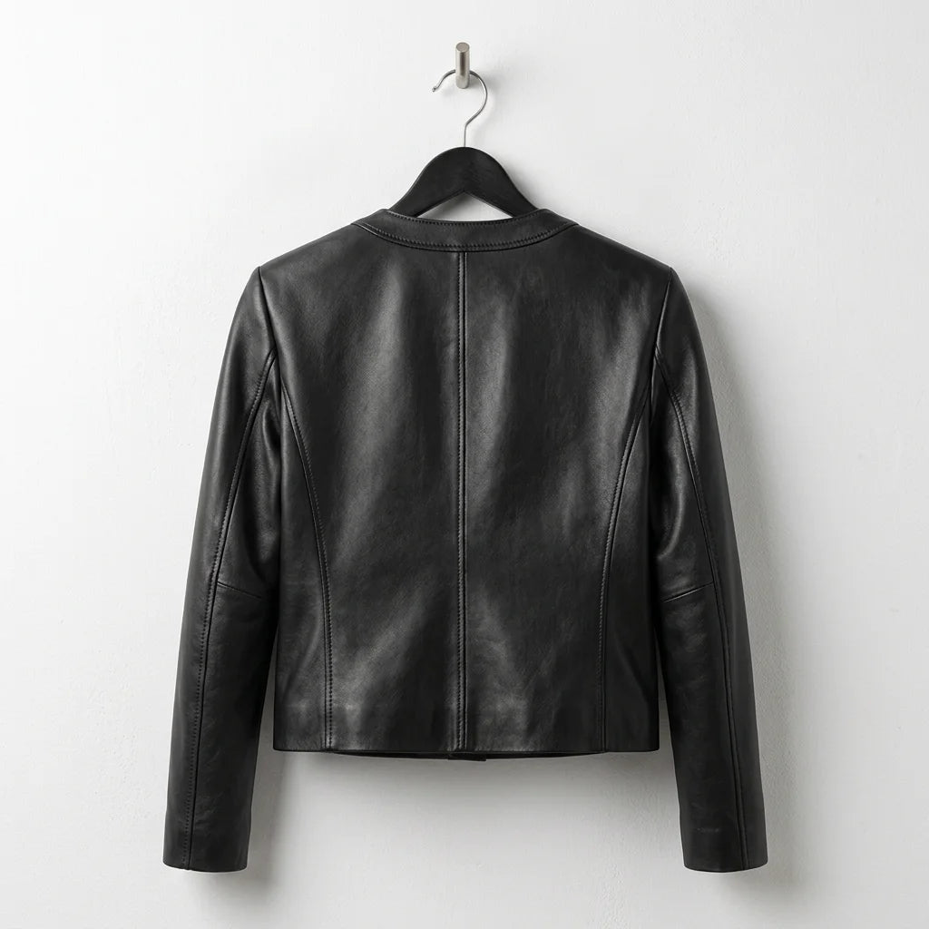 Back view of women’s black scallop edge leather jacket by Leather Unit