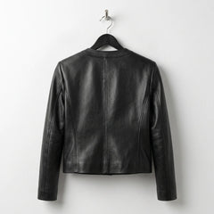 Back view of women’s black scallop edge leather jacket by Leather Unit