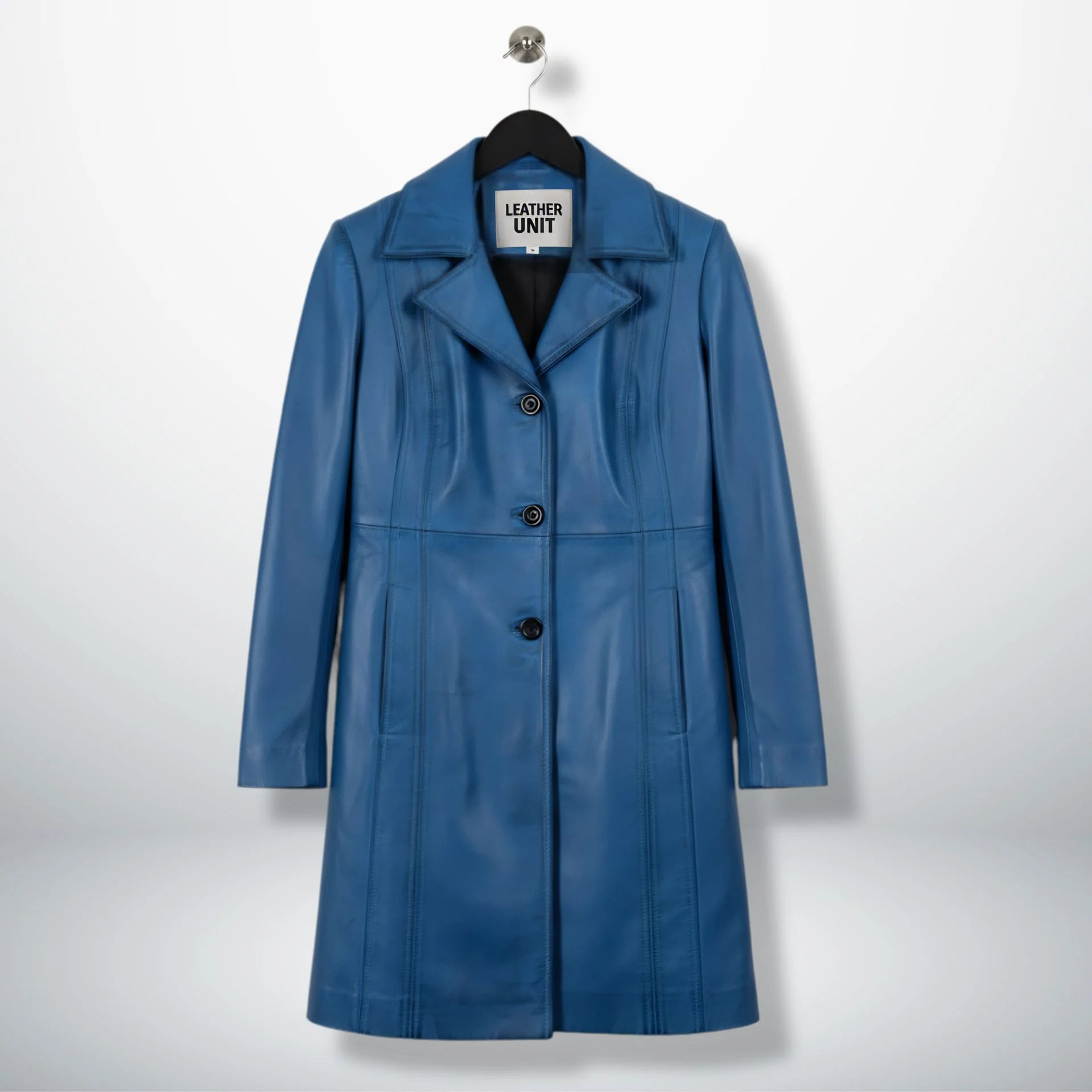 Front view of women’s blue waxed leather three button coat by Leather Unit