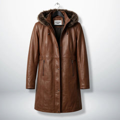 Front view of women’s brown leather hooded winter coat by Leather Unit