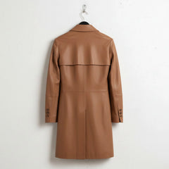 Back view of women’s brown leather long coat with storm flap and vent