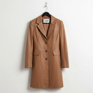 Front view of women’s camel brown leather long coat by Leather Unit
