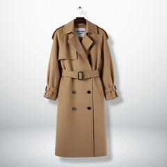 Front view of women’s camel wool double breasted trench coat by Leather Unit