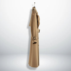 Side profile of full‑length camel wool trench coat for women
