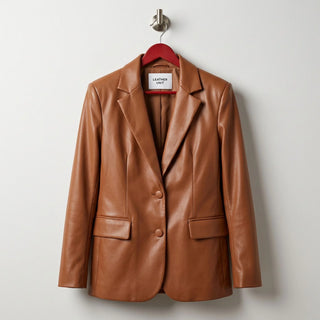 Front view of women’s cognac brown leather blazer jacket by Leather Unit