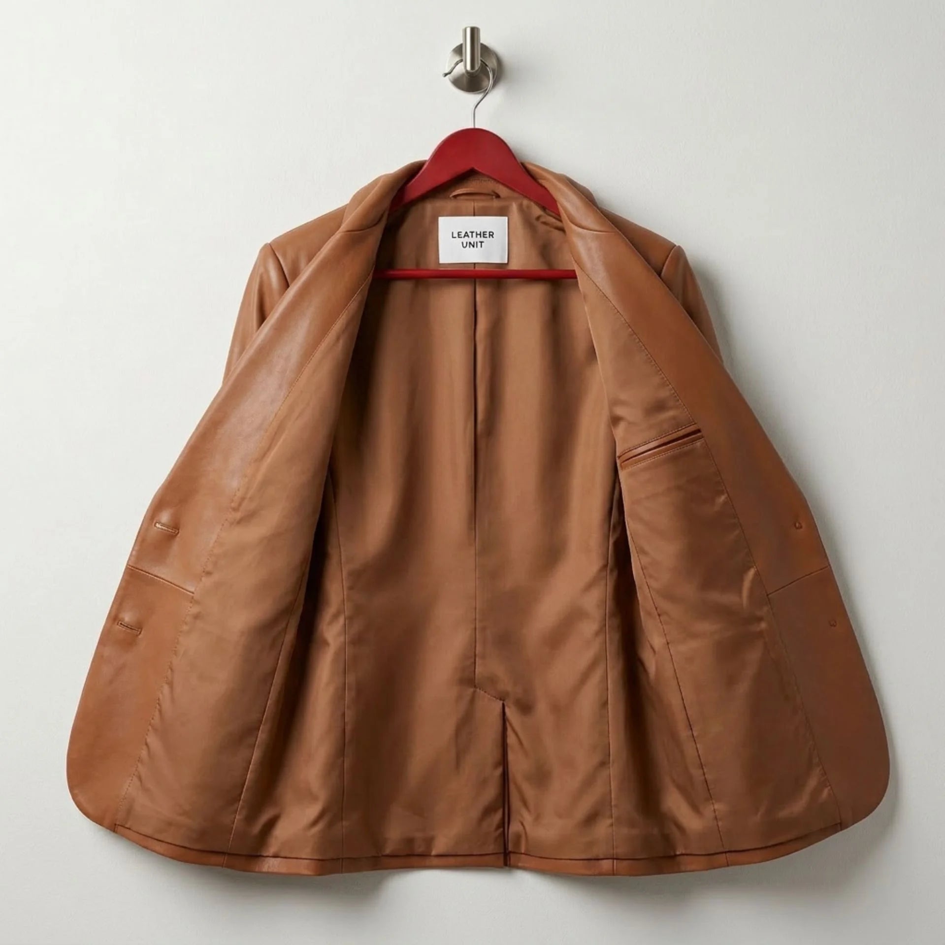 Interior lining and inside pocket of women’s cognac brown leather blazer