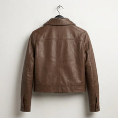 Back view of women’s dark brown leather jacket with hip length fit
