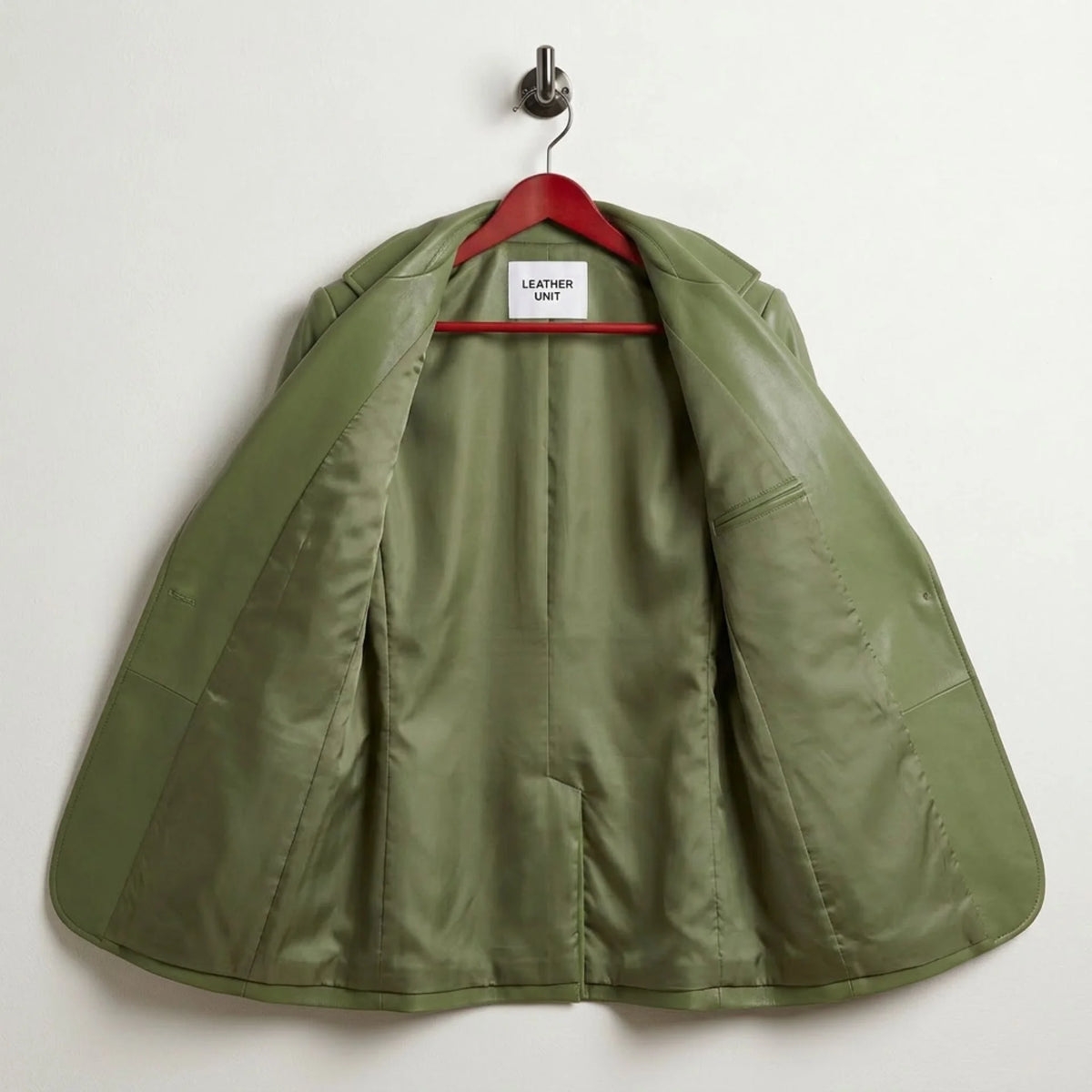 Interior lining of women’s green leather blazer with inner pocket