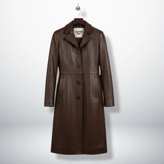 Front view of women’s long brown real leather coat by Leather Unit