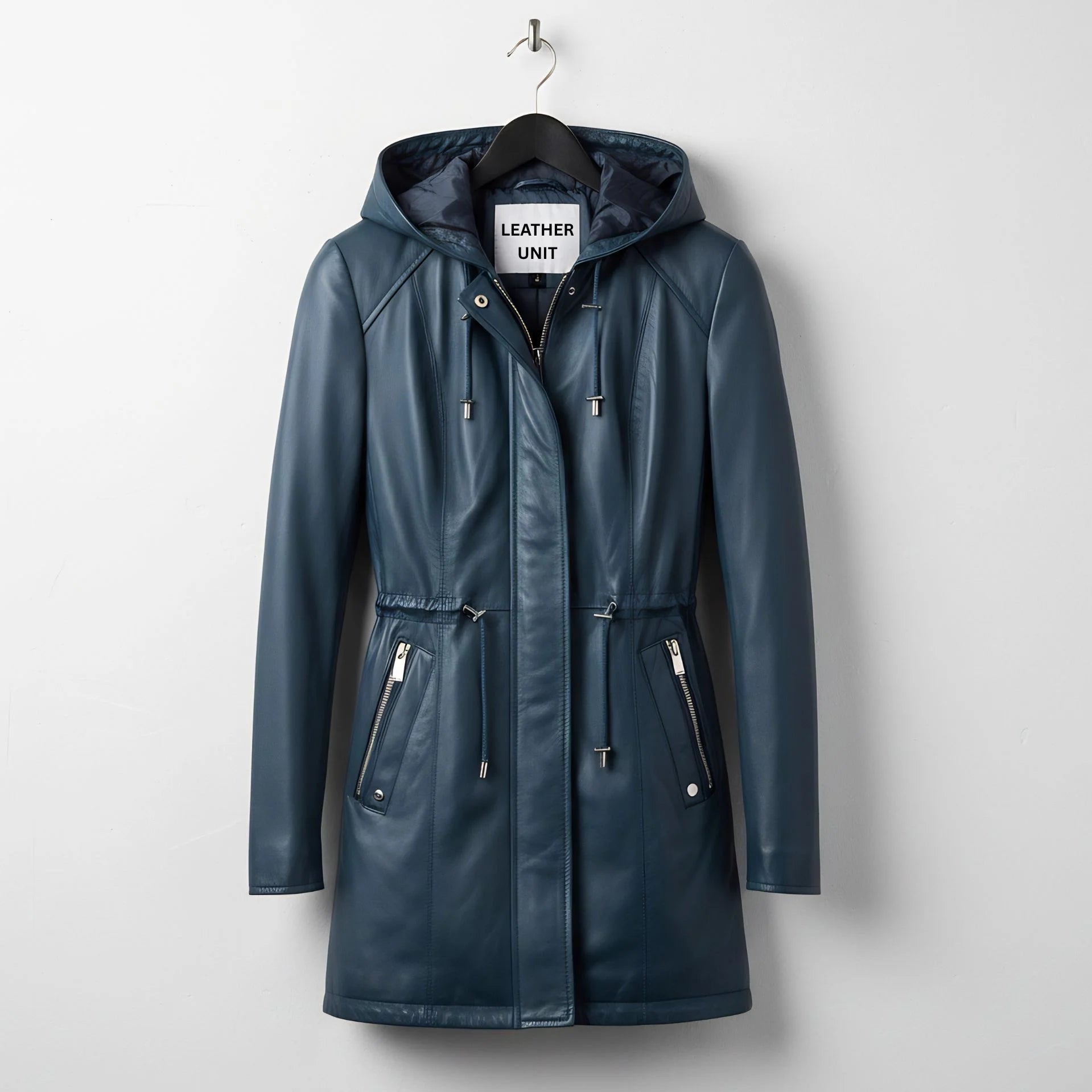 Front view of women’s navy leather hooded coat by Leather Unit