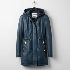 Front view of women’s navy leather hooded coat by Leather Unit