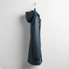 Side profile of longline navy leather hooded jacket for women