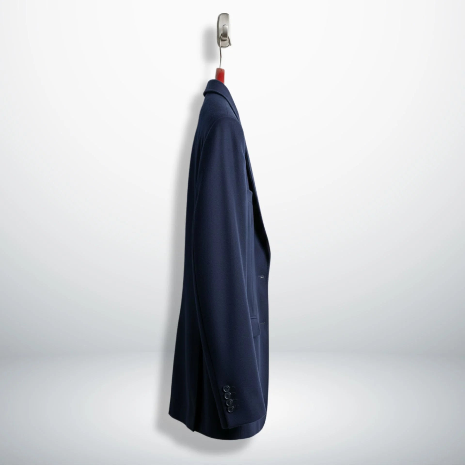 Side profile of single button navy wool blazer for women