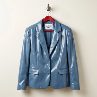 Front view of women’s sapphire blue leather blazer by Leather Unit