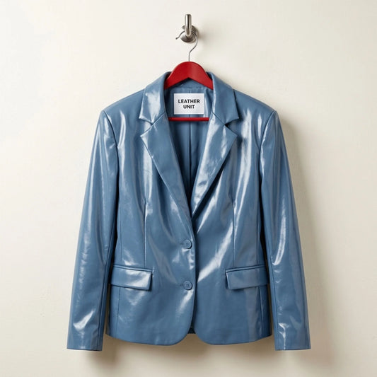 Front view of women’s sapphire blue leather blazer by Leather Unit
