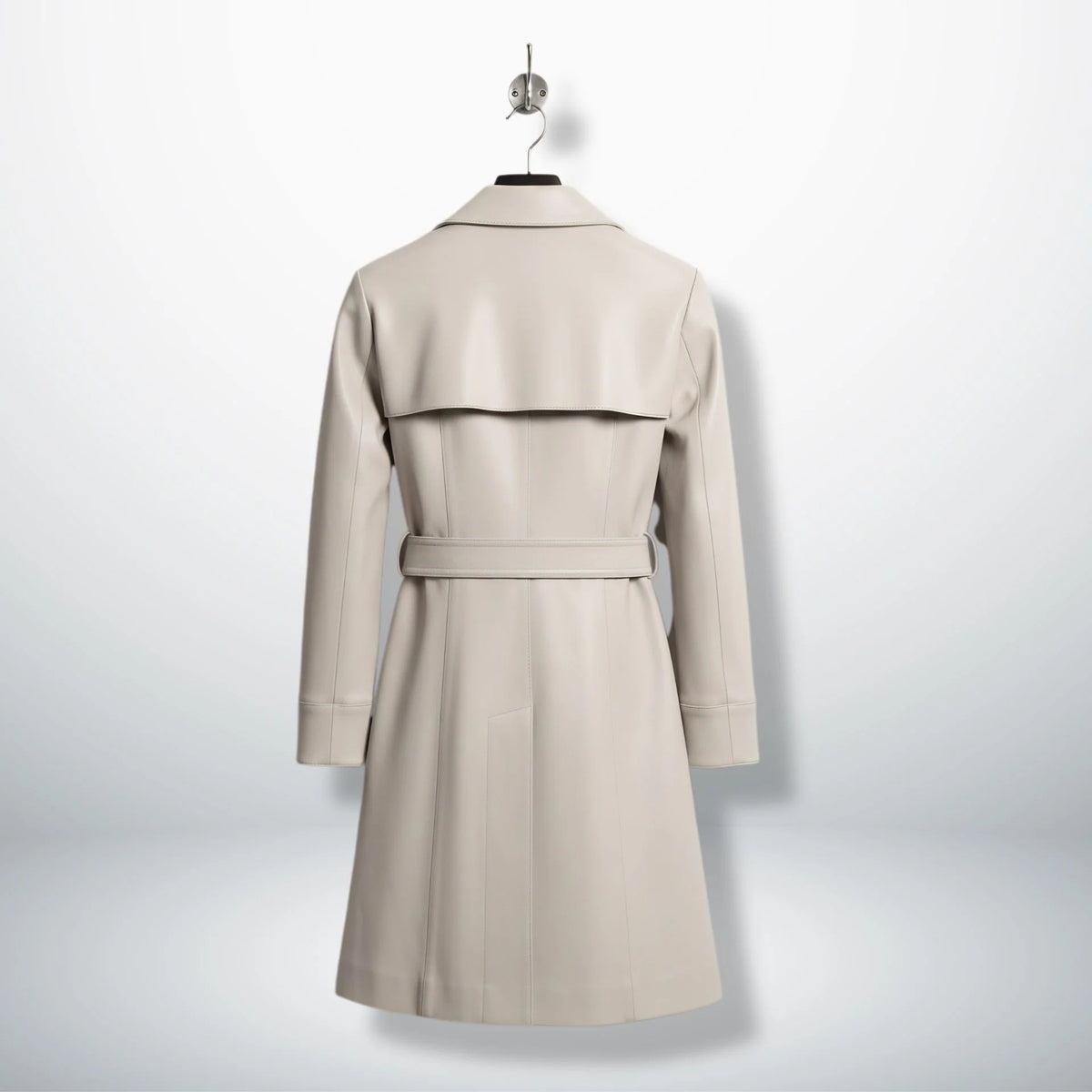 Back view of moonlight silver leather trench coat with storm flap and belt