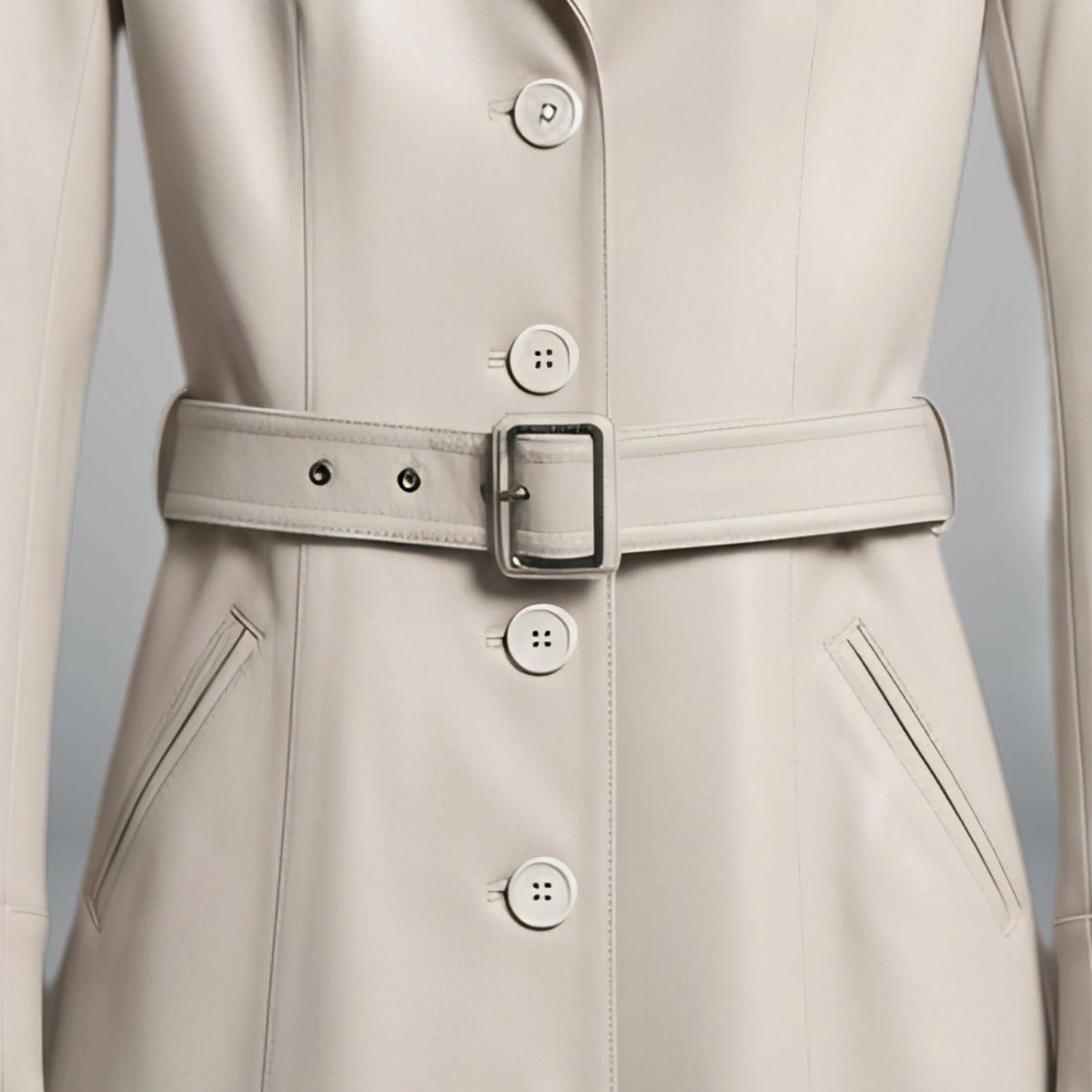 Belt and button front detail on women’s white belted leather trench coat