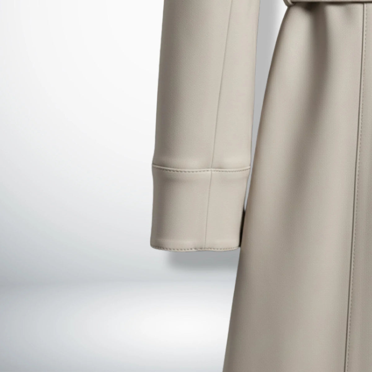 Sleeve and cuff detail on women’s light silver leather coat