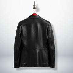 Back view of tailored black leather blazer jacket for women