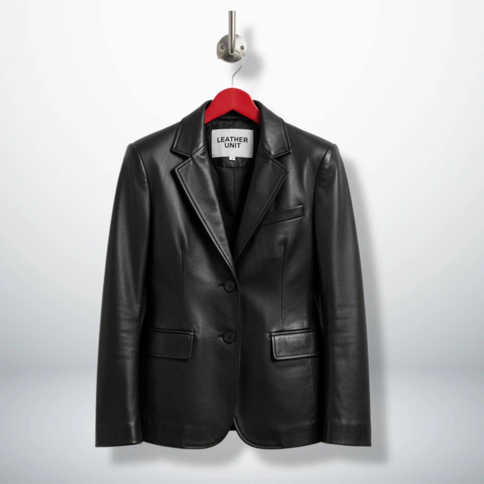 Front view of women’s two button black lambskin leather blazer by Leather Unit
