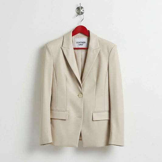 Front view of women’s white leather blazer jacket by Leather Unit