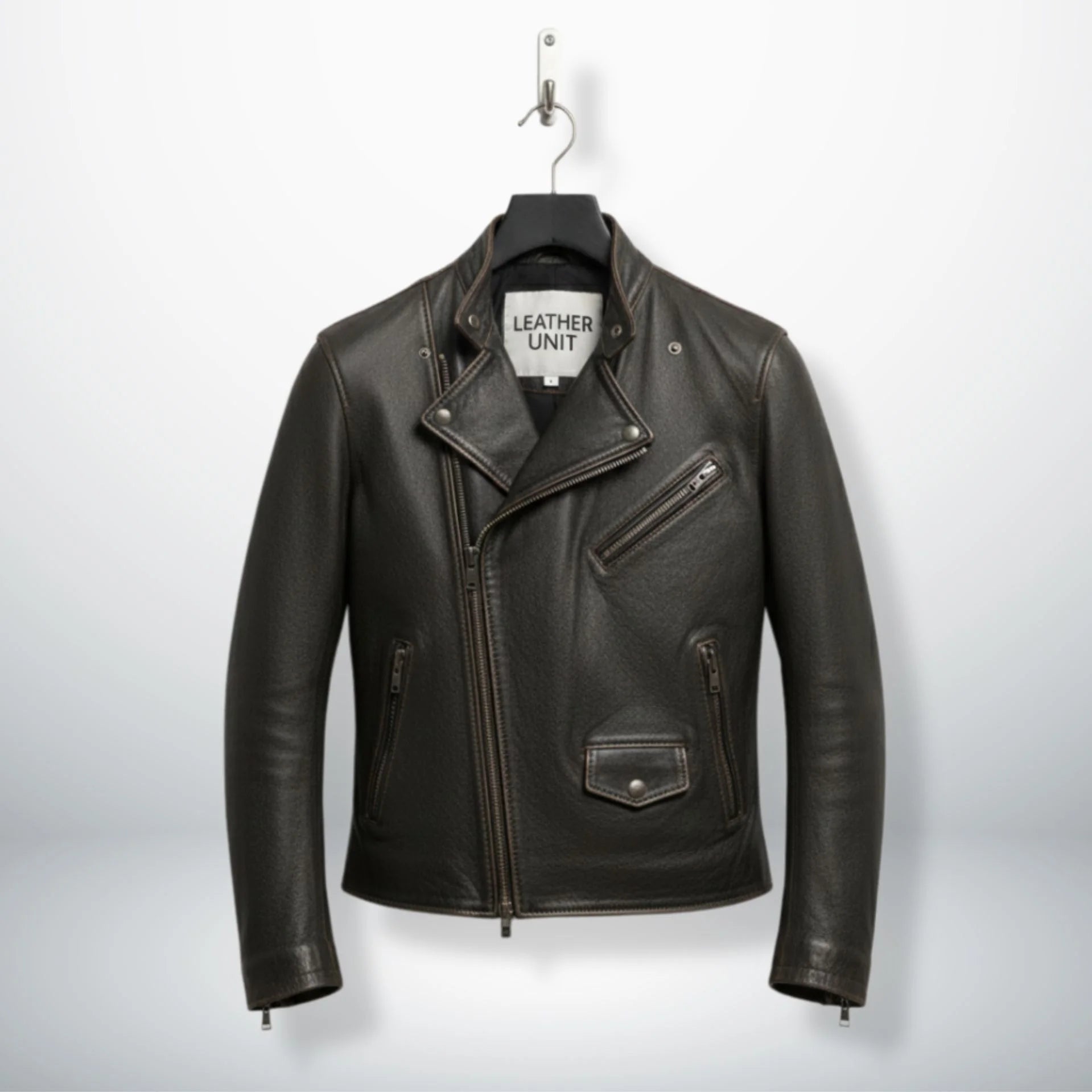 front view of men's asymmetrical dark brown leather biker jacket.