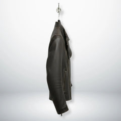 side profile of men's dark brown asymmetrical leather moto jacket.