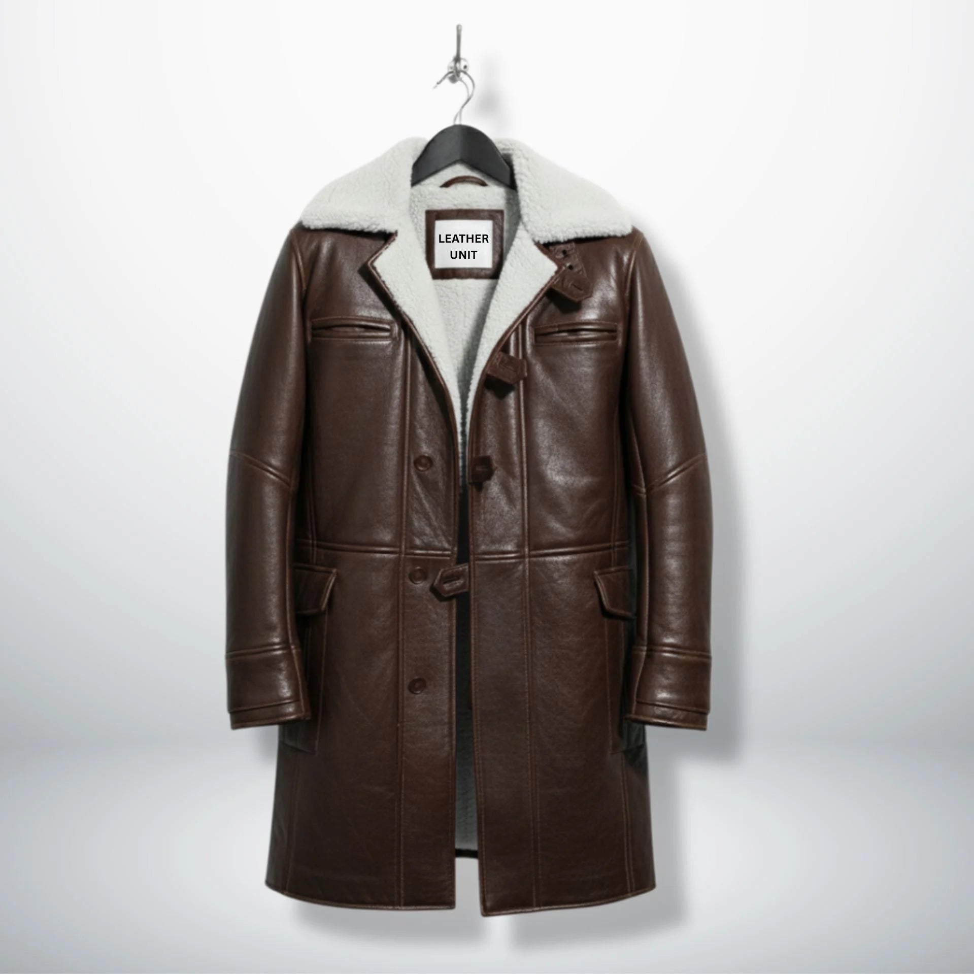 Front view of men's dark brown Bane leather coat with white shearling collar by Leather Unit.