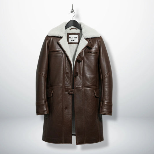 Front view of men's dark brown Bane leather coat with white shearling collar by Leather Unit.