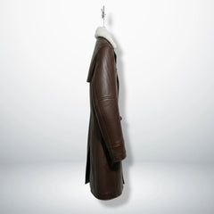 Side profile of men's dark brown shearling trench coat with regular fit.
