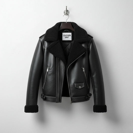 front view mens black shearling aviator leather jacket by Leather Unit.