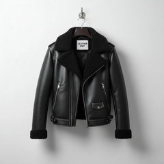 front view mens black shearling aviator leather jacket by Leather Unit.