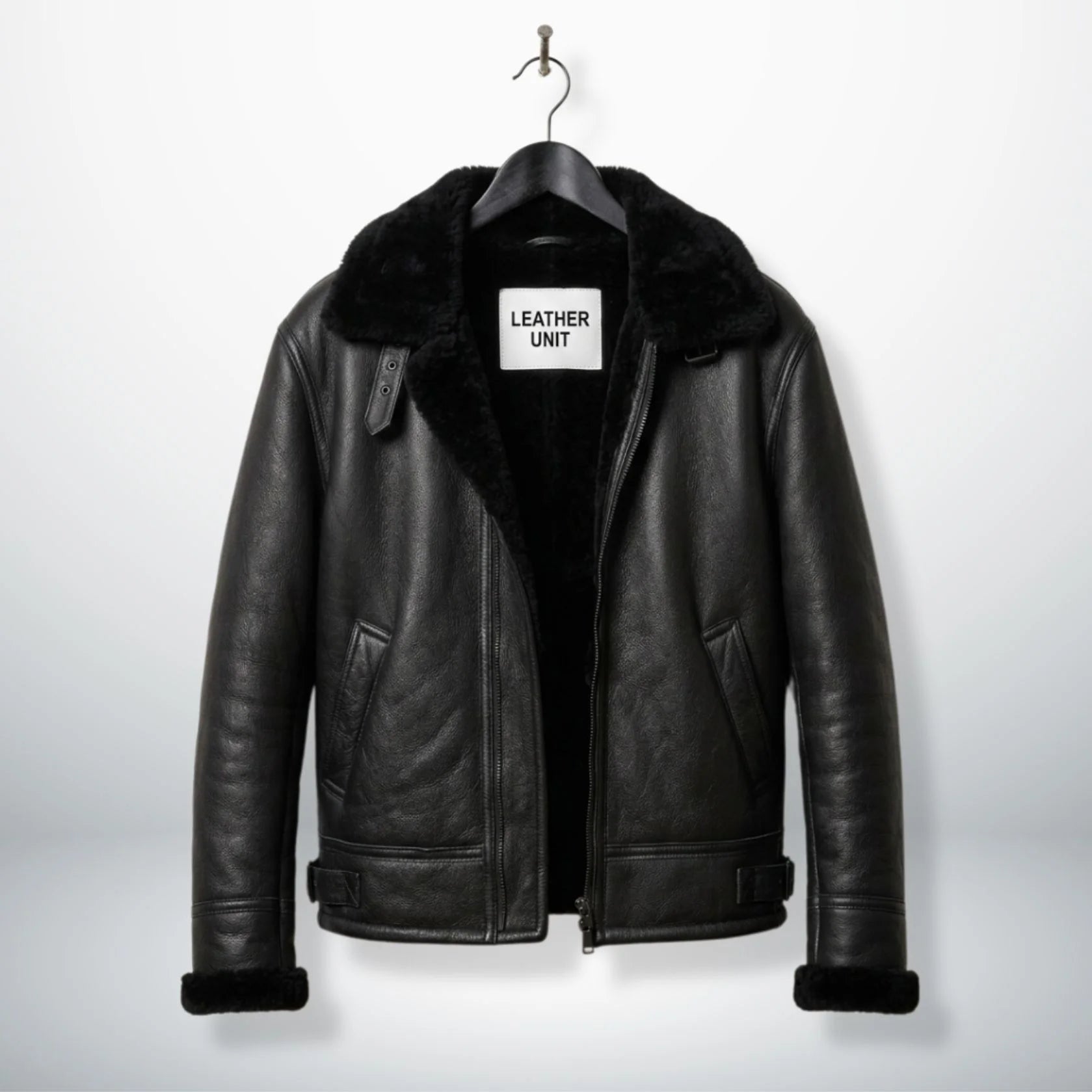 front view mens black b3 bomber shearling aviator leather jacket by Leather Unit.