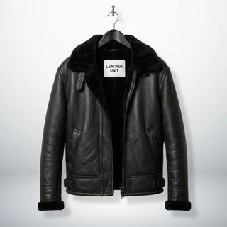 front view mens black b3 bomber shearling aviator leather jacket by Leather Unit.