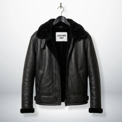 front view mens black b3 bomber shearling aviator leather jacket by Leather Unit.