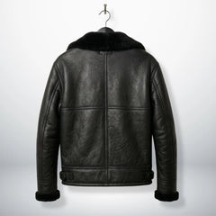 back view mens black b3 bomber leather jacket with panel seams.