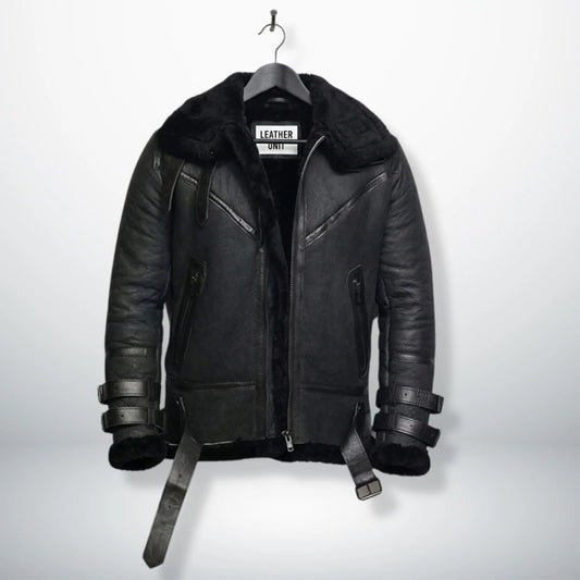 front view mens black b3 shearling bomber aviator leather jacket by Leather Unit.