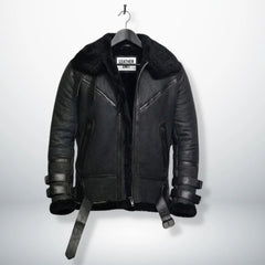 front view mens black b3 shearling bomber aviator leather jacket by Leather Unit.