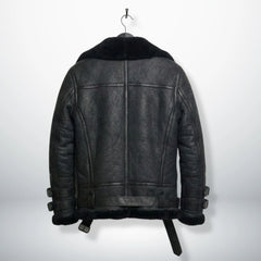 back view mens black b3 aviator leather jacket with shearling hem.