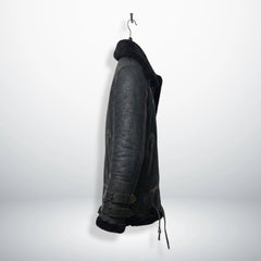 side profile mens black b3 shearling aviator jacket on hanger.