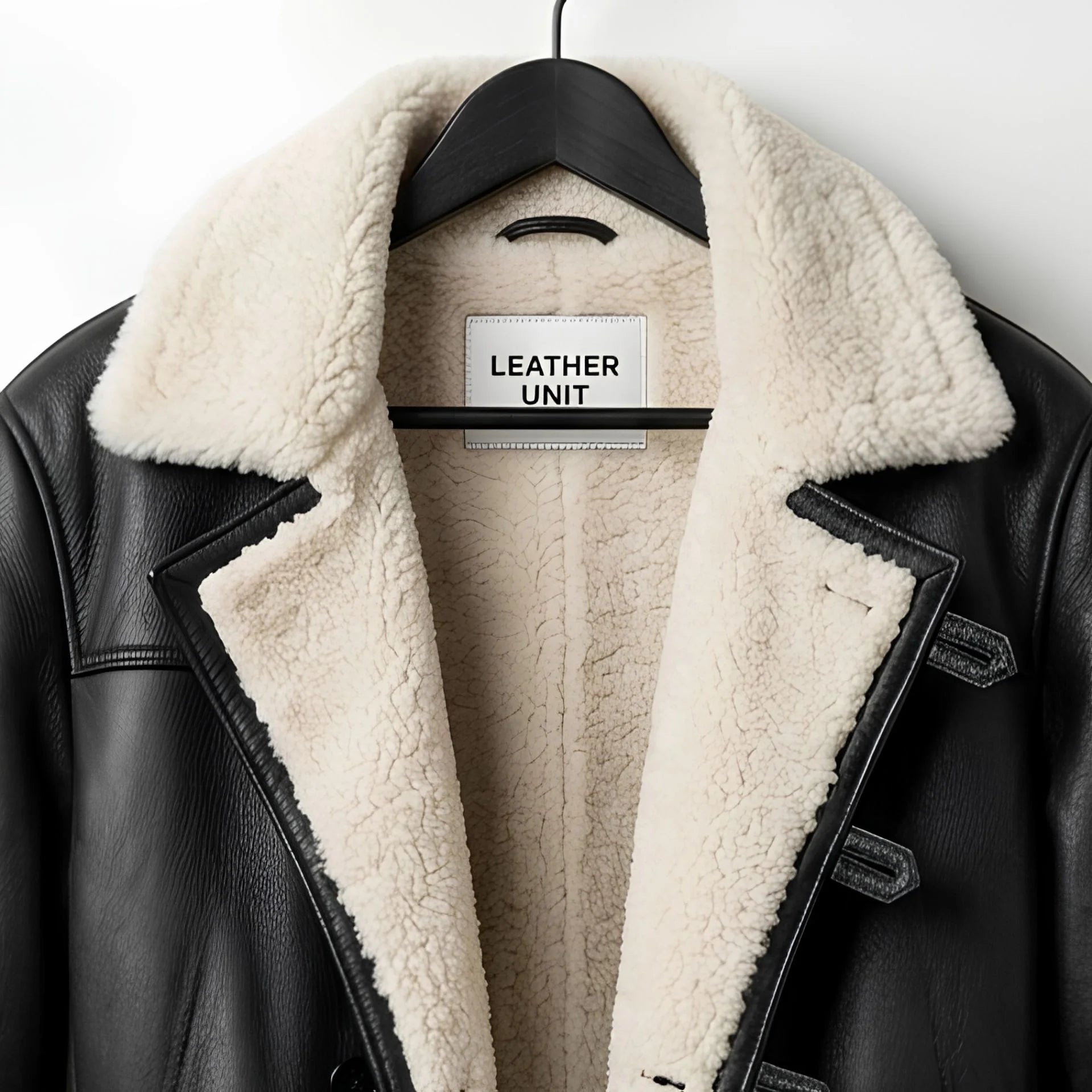 Close up of shearling collar and Leather Unit label on Bane coat