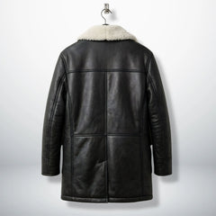 Back view of men’s black sherpa lined leather winter coat